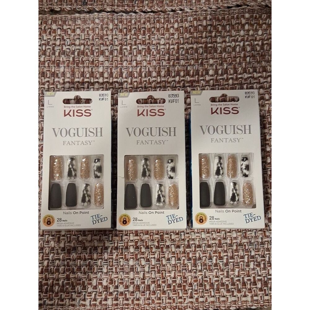 3 Packs Kiss Voguish Fantasy Nails On Point Long 28 Tie Dyed Tabs Glue New
